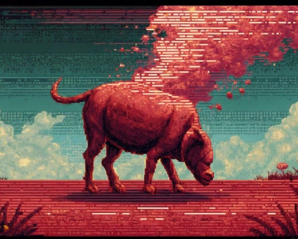 Pixel Art Bull Grazing in a Surreal Landscape