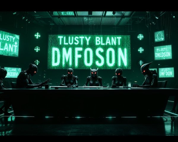 Futuristic Room with Figures and Neon Green Screens