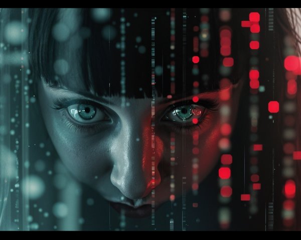 Close-up of a woman's face with intense eyes and patterns