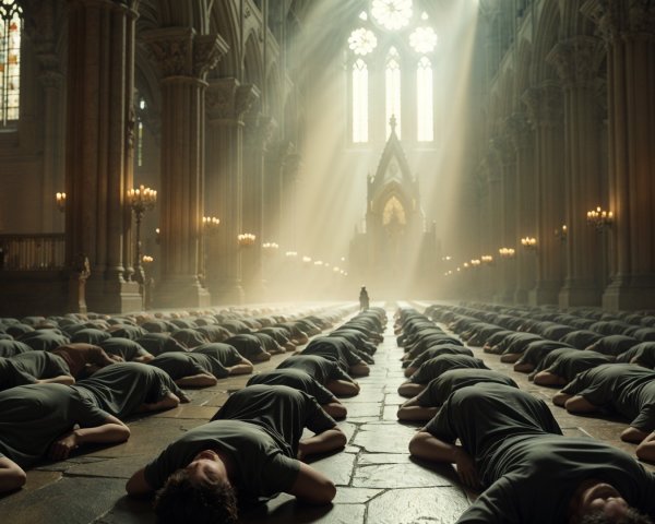 Cathedral Scene with Individuals in Grey Garments