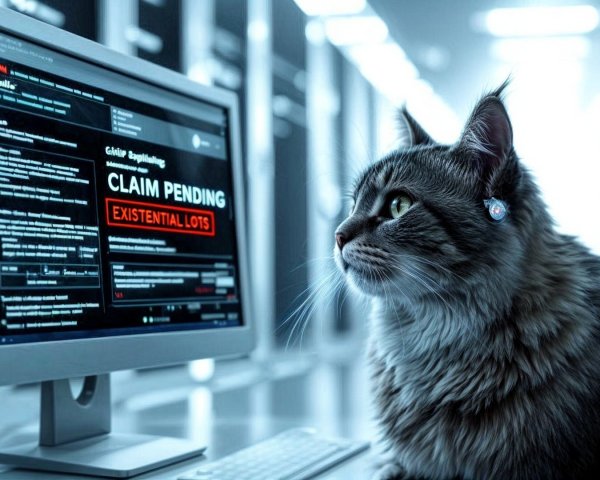 Fluffy Cat Observing Computer Screen with Red Text