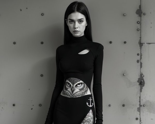 Black and White Fashion Image of Model in Artistic Dress