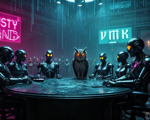 Humanoid Robots and Owl in Futuristic Room Setting