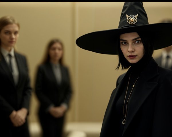 Elegant Woman in Black Hat Surrounded by Suited Figures