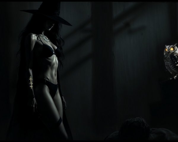 Mysterious Figure in Dimly Lit Forest with Owl