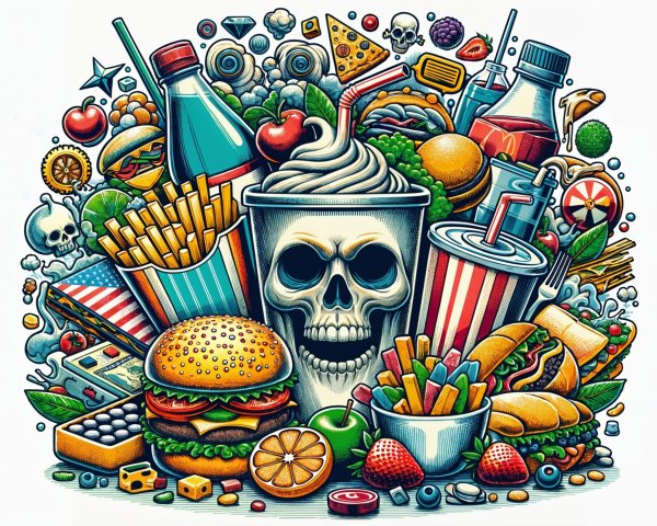 Vibrant Collage of Food Items with Central Skull Design
