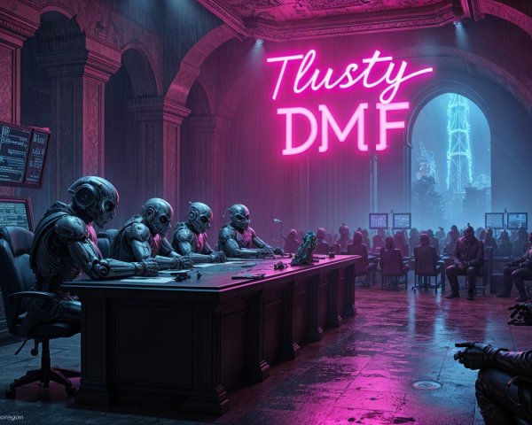 Futuristic Room with Robots and Neon Lights