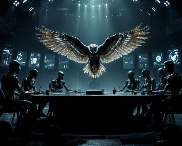 Humanoid Robots and Metallic Owl in Futuristic Chamber