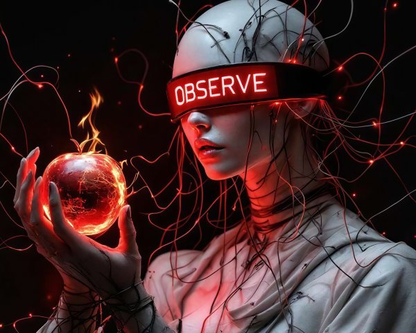 Cyberpunk Digital Art of Figure with Glowing Apple