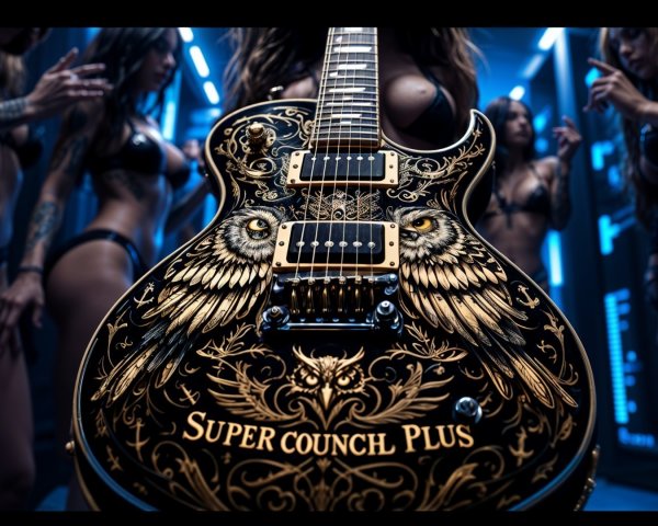 Electric guitar with owl engravings and blue lighting