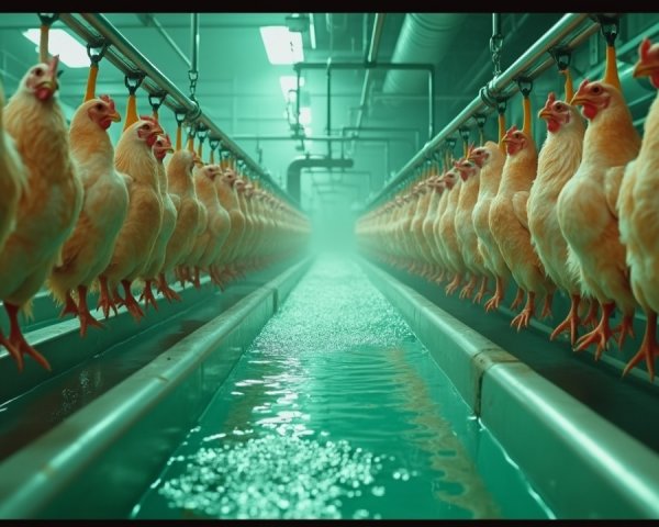 Chickens on Production Line in Industrial Setting