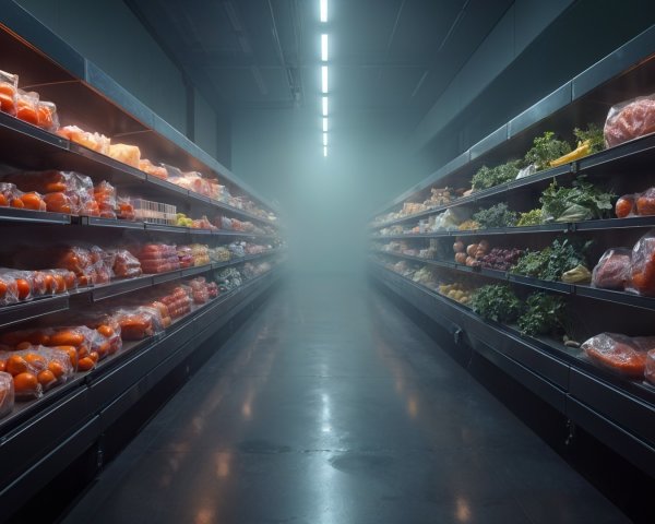 Foggy Grocery Store Aisle with Fresh Produce and Goods