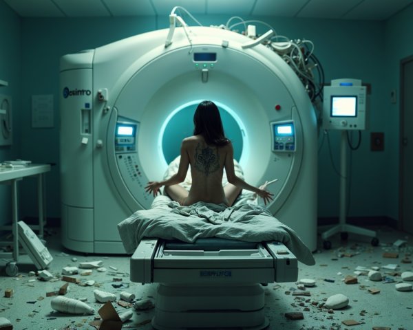 Figure in Hospital Bed Facing MRI Machine in Chaos