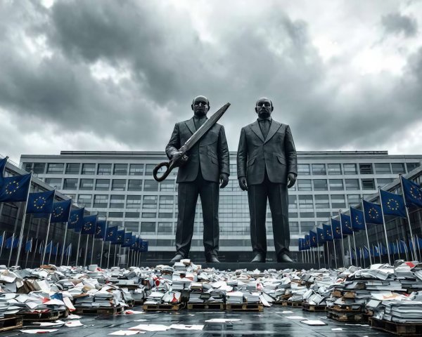 Large statues of men in suits with scissors near building