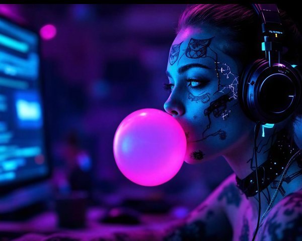 Cyberpunk Woman with Tattoos and Neon Bubblegum Bubble