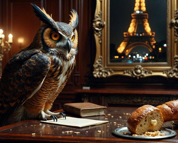 Elegant Room with Owl, Baguette, and Book