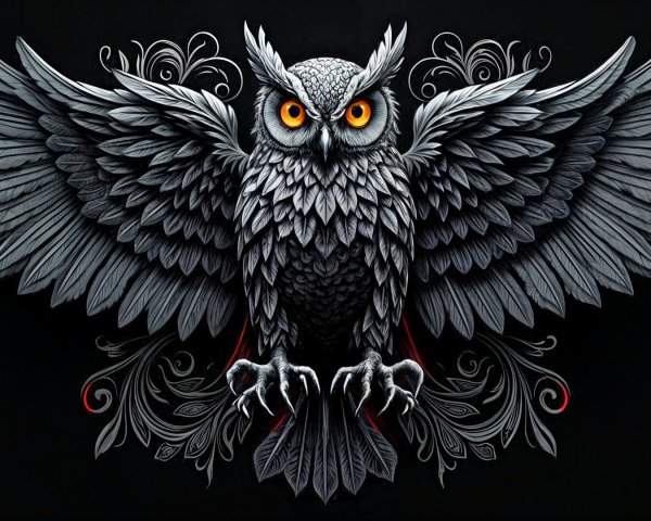 Owl Illustration with Detailed Feathers and Patterns