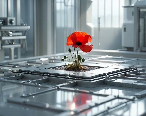 Vibrant Red Poppy Flower in Modern Workspace Setting