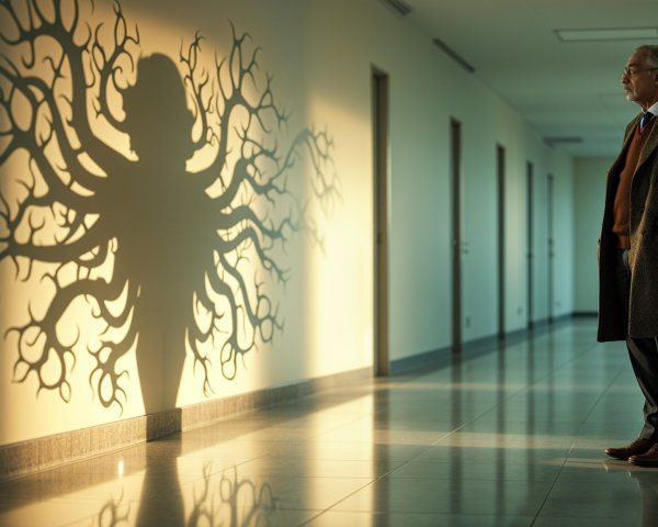 Distinguished Man in Dim Hallway with Intriguing Shadows