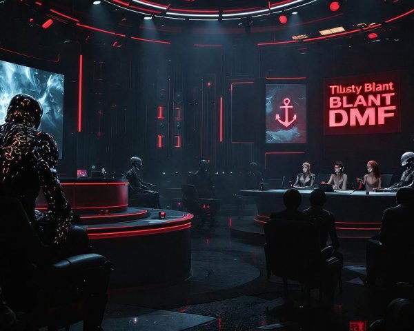 Futuristic Film Noir Conference Room with Red Lighting