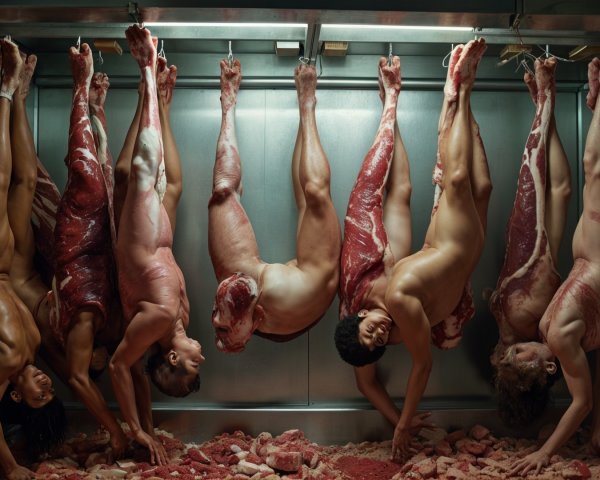 Chilling Scene of Suspended Figures in Cold Storage Room
