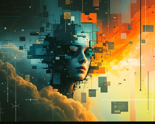 Surreal Blend of Human and Digital Elements in Art