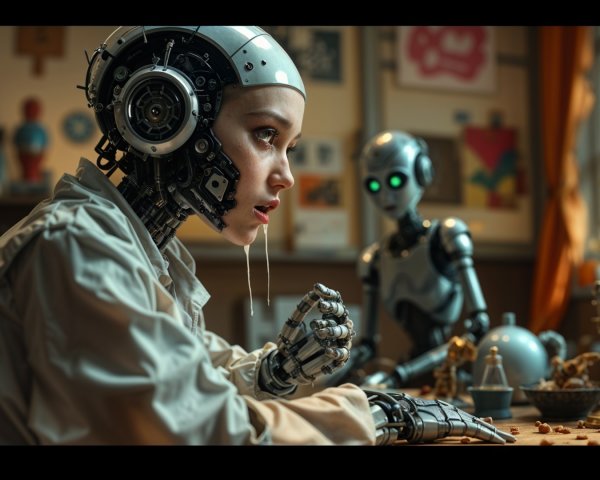 Futuristic Scene with Humanoid Robots in Cozy Setting