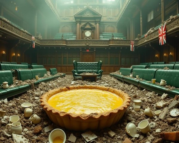 Historic Parliamentary Chamber with Pie and Debris