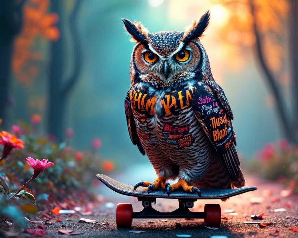 Whimsical Owl on Skateboard in Colorful Forest Scene