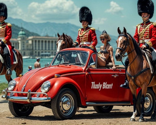 Vintage Volkswagen Beetle with Soldiers and Scenic Landscape