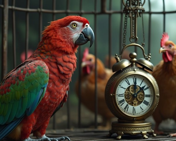 Vibrant Red Parrot with Chickens and Vintage Clock