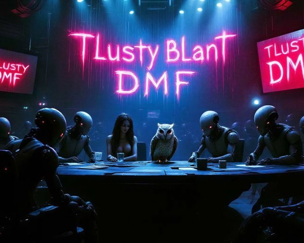 Futuristic Punk Nightclub with Alien Figures and Owl