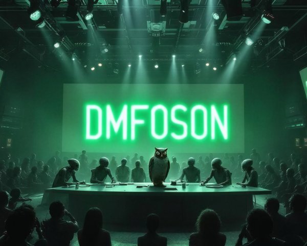 Surreal Conference with Alien Figures and Owl Centerpiece