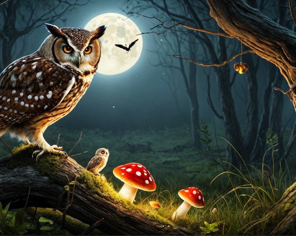 Majestic Owl and Chick in Moonlit Forest Scene