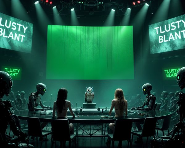 Futuristic Conference Scene with Robots and Owl