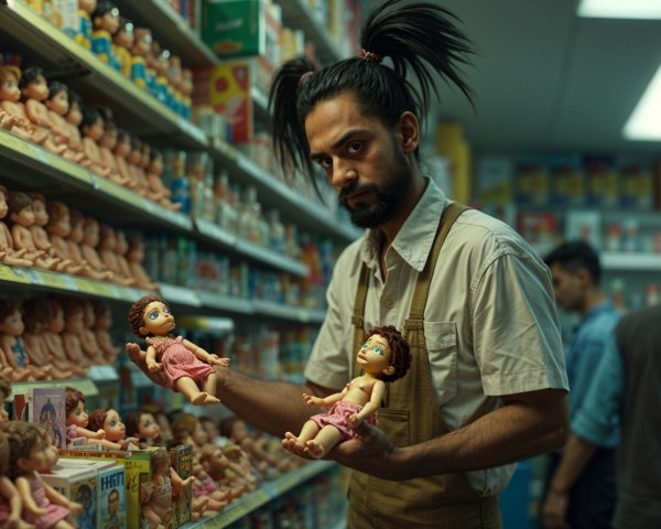 Man with Ponytail Examines Dolls in Busy Store Aisle