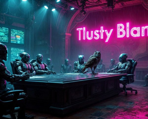 Futuristic Conference Room with Humanoid Robots and Owl