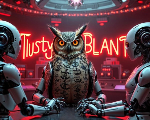 Futuristic Robots and Owl in Neon Setting