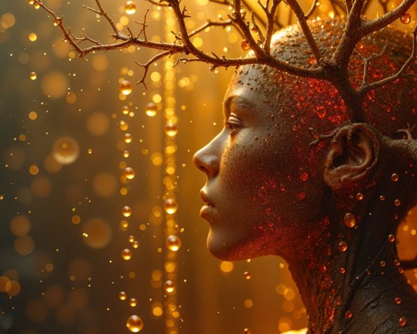 Textured figure with branch-like structures and droplets