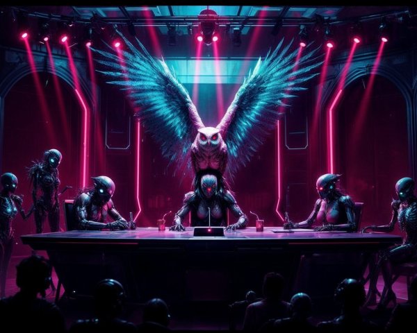 Futuristic Scene with Humanoid Figures and Owl Figure