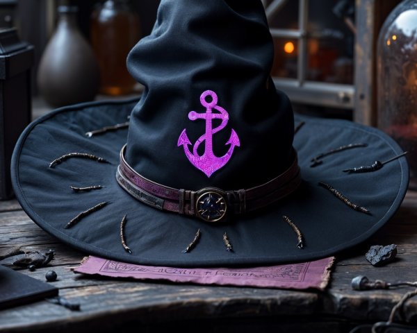 Mystical Black Witch's Hat with Purple Anchor Symbol
