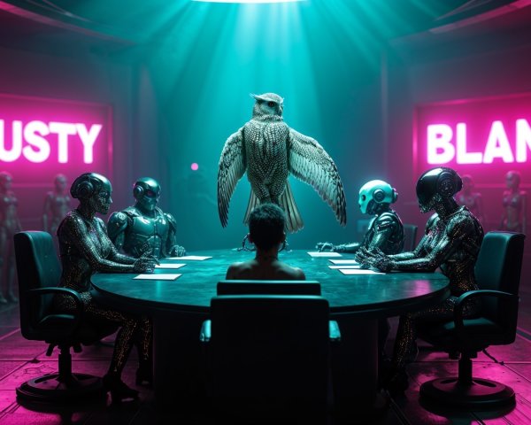 Futuristic Conference Room with Humanoid Robots and Owl