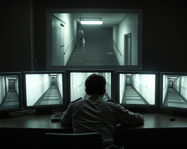 Security Monitor Setup in Dimly Lit Room with Hallway