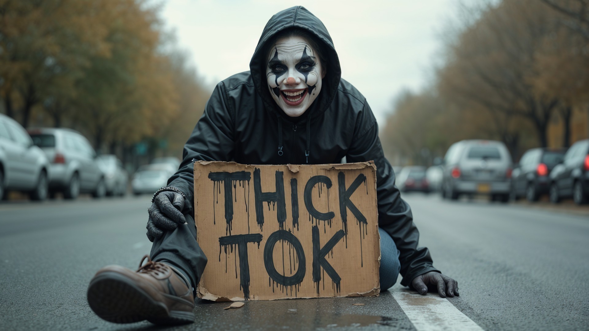 Clown in Costume with Sign in Somber Street Scene