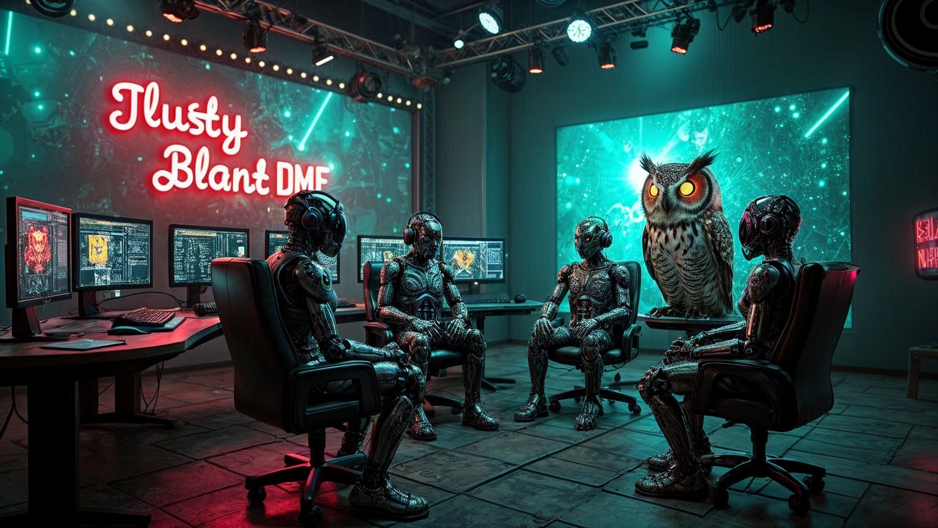 Futuristic Room with Robots and Neon Owl Display