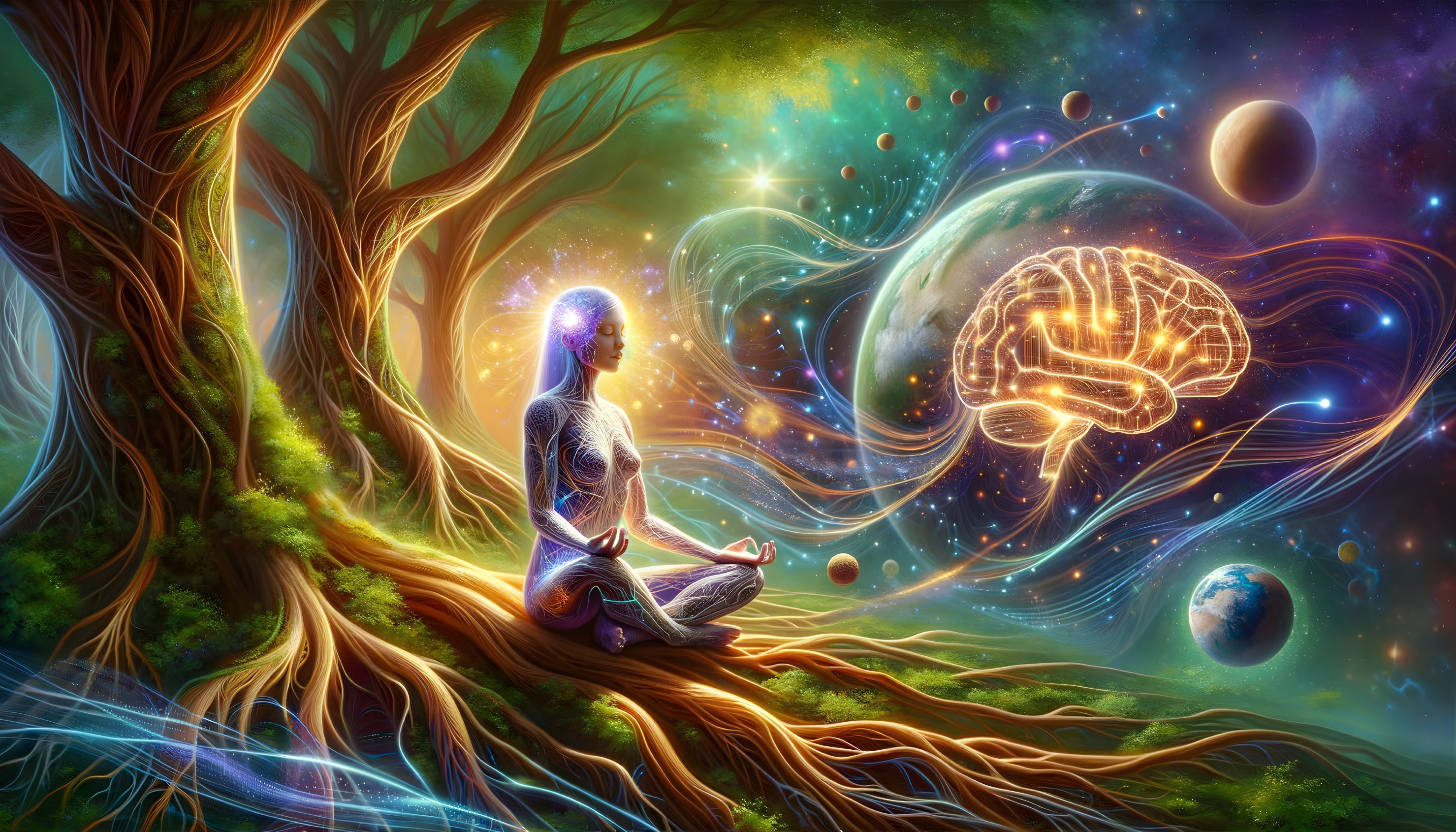 Meditative Figure in Cosmic Forest Setting