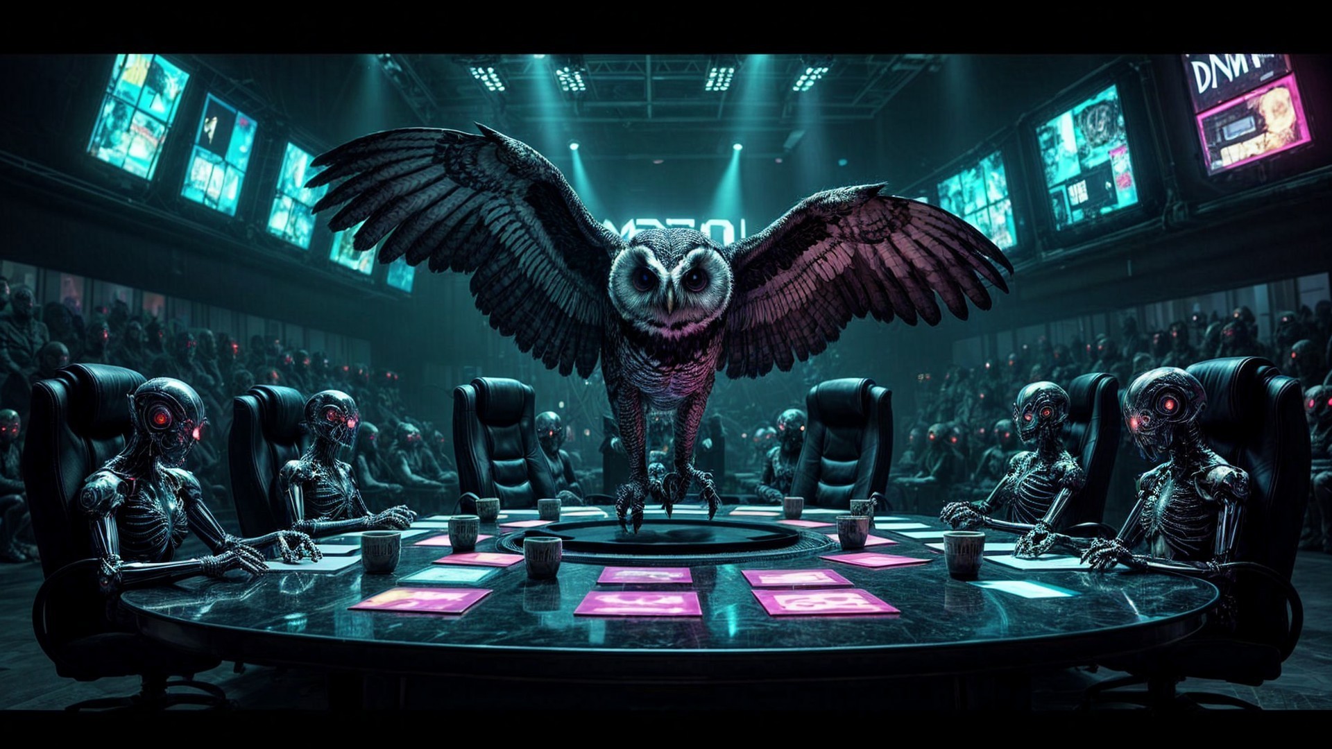 Futuristic Owl Surrounded by Cybernetic Skeletons