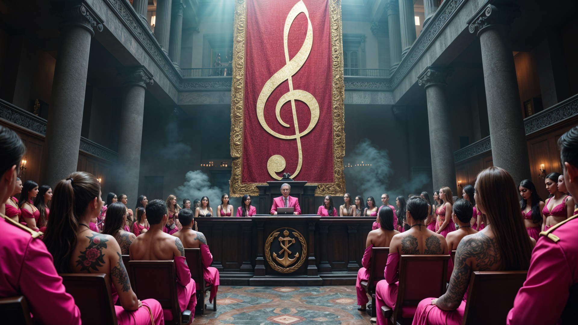 Grand hall with treble clef banner and assembly scene