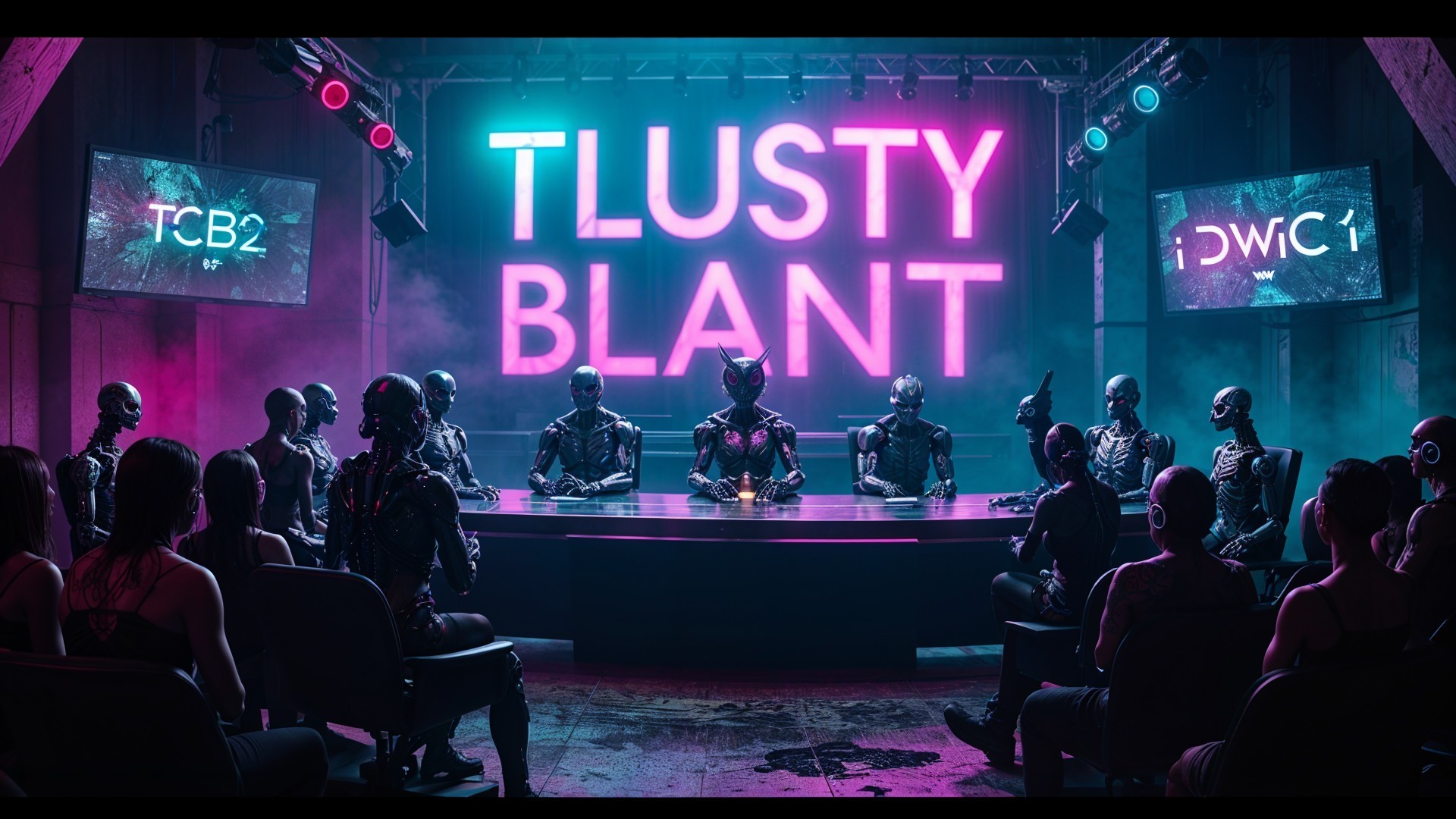 Futuristic Cybernetic Assembly in Neon-Lit Room