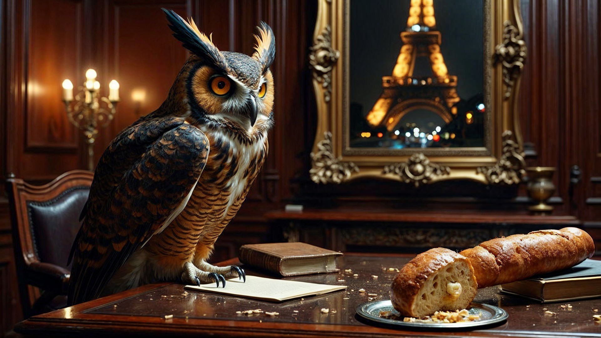 Elegant Room with Owl, Baguette, and Book